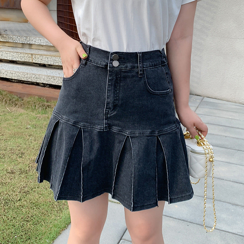 Plus Size Pleat Denim Mini Skirt (EXTRA BIG SIZE)