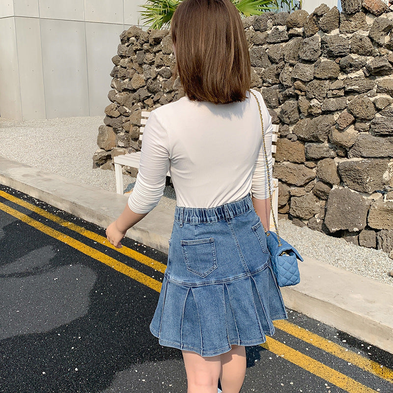 Plus Size Pleat Denim Mini Skirt (EXTRA BIG SIZE)