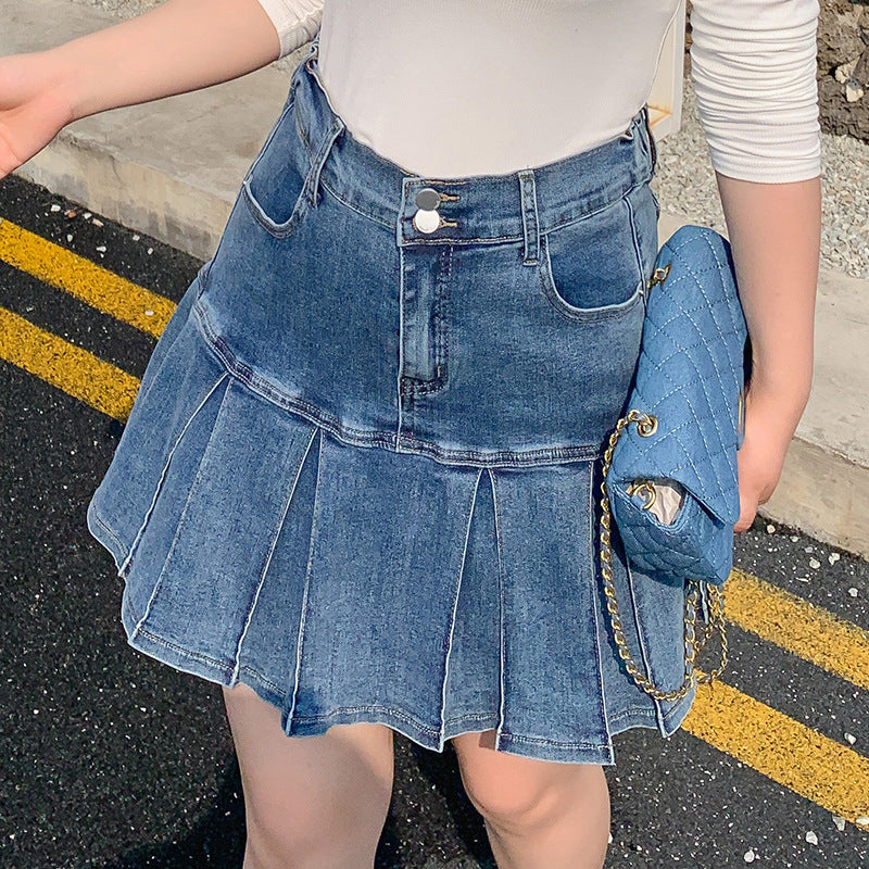 Plus Size Pleat Denim Mini Skirt (EXTRA BIG SIZE)