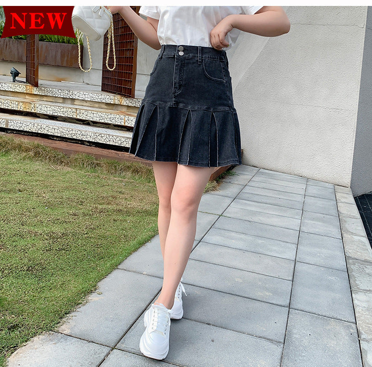 Plus Size Pleat Denim Mini Skirt (EXTRA BIG SIZE)