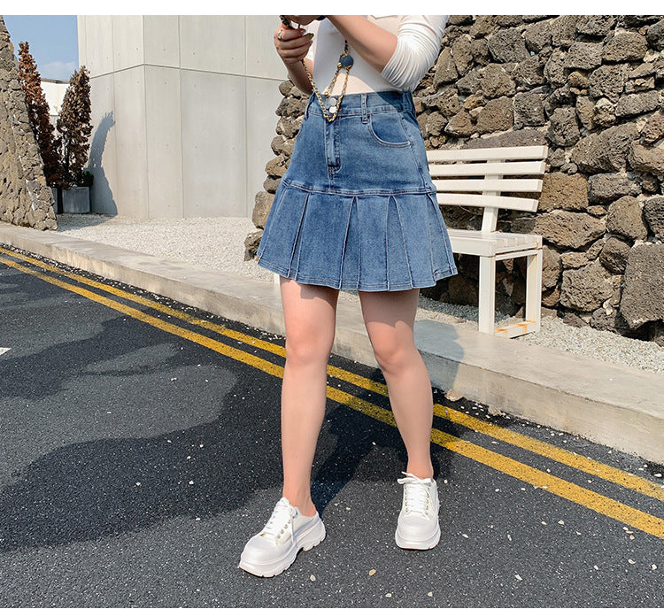 Plus Size Pleat Denim Mini Skirt (EXTRA BIG SIZE)