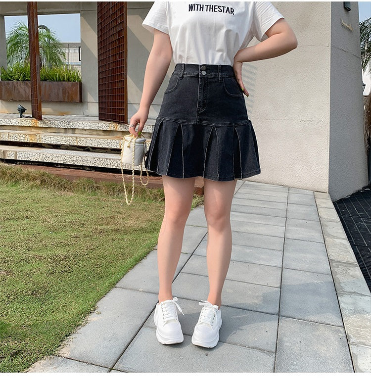 Plus Size Pleat Denim Mini Skirt (EXTRA BIG SIZE)