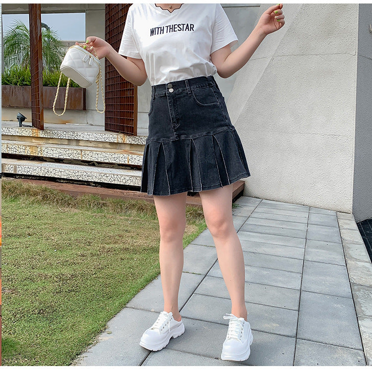 Plus Size Pleat Denim Mini Skirt (EXTRA BIG SIZE)