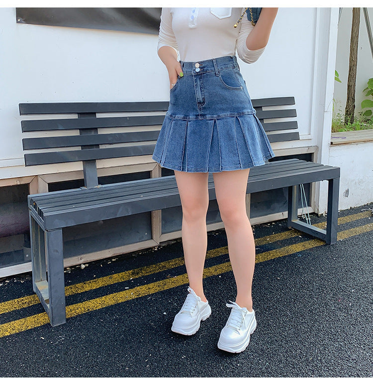Plus Size Pleat Denim Mini Skirt (EXTRA BIG SIZE)
