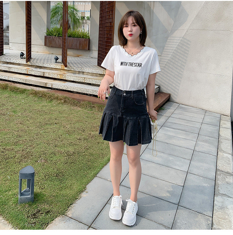 Plus Size Pleat Denim Mini Skirt (EXTRA BIG SIZE)
