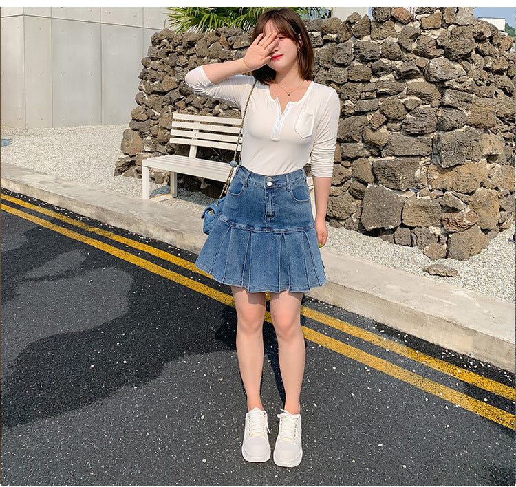 Plus Size Pleat Denim Mini Skirt (EXTRA BIG SIZE)
