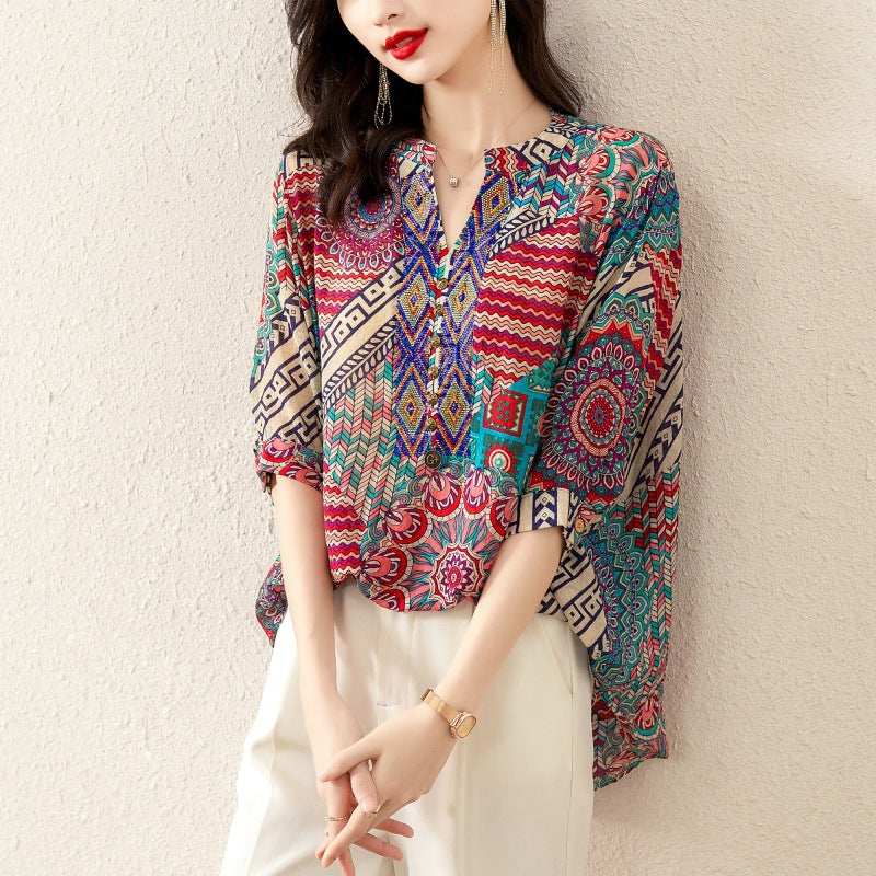Plus Size Notch Neck Loose Ethnic Blouse