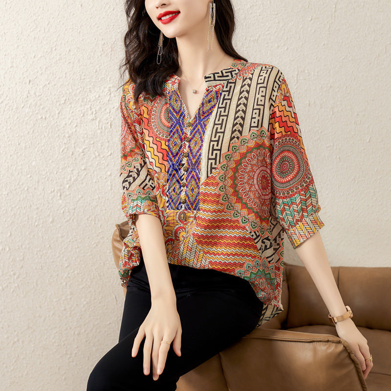 Plus Size Notch Neck Loose Ethnic Blouse