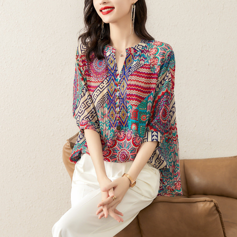 Plus Size Notch Neck Loose Ethnic Blouse