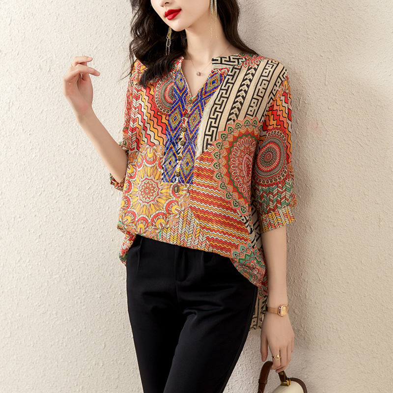 Plus Size Notch Neck Loose Ethnic Blouse