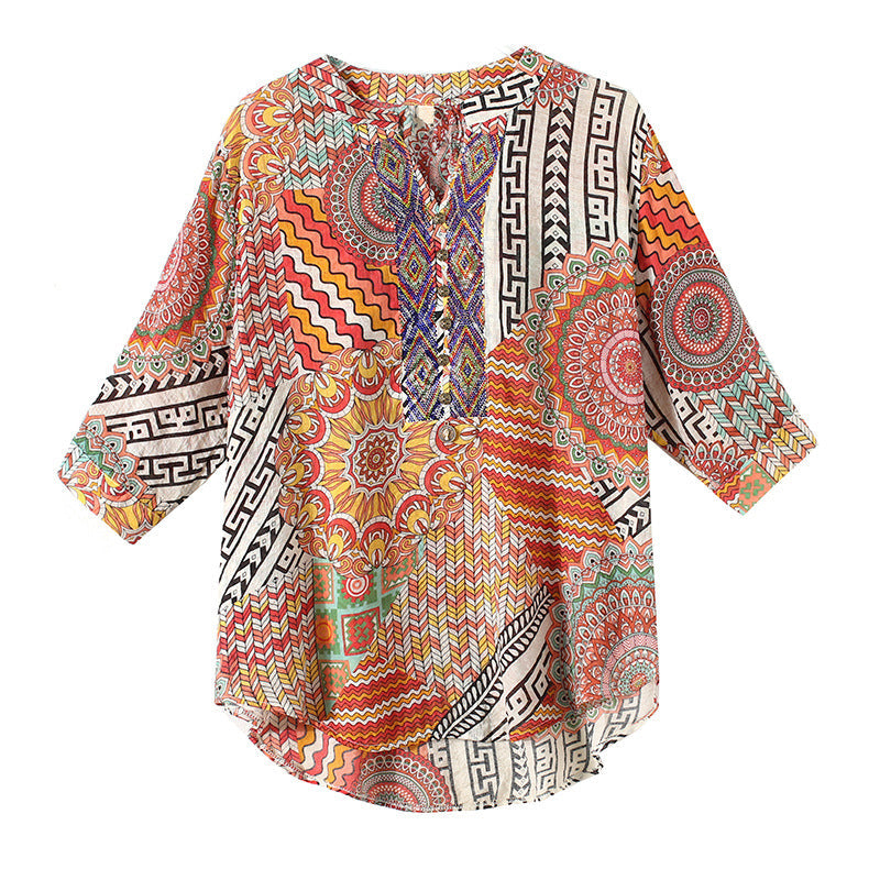 Plus Size Notch Neck Loose Ethnic Blouse
