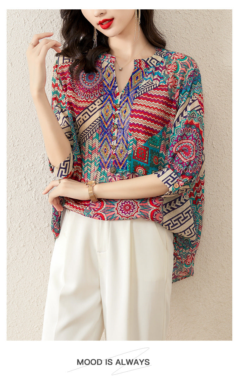 Plus Size Notch Neck Loose Ethnic Blouse