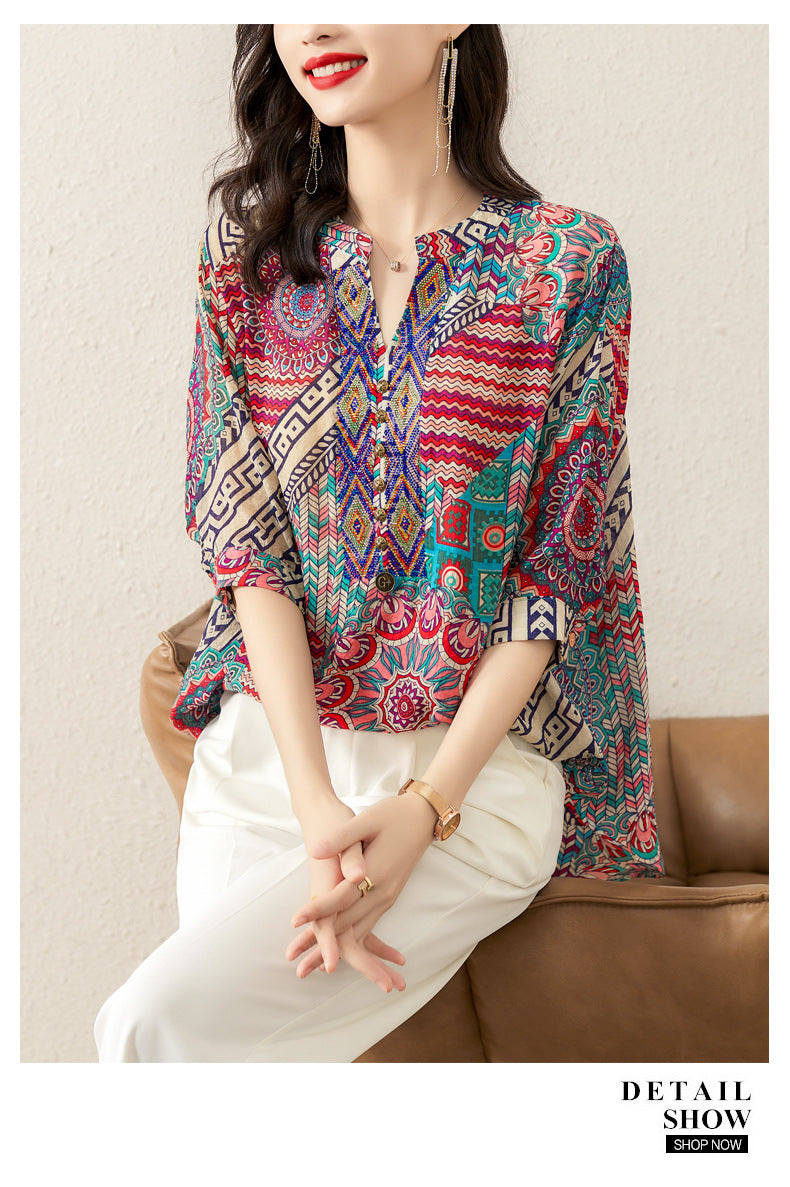 Plus Size Notch Neck Loose Ethnic Blouse