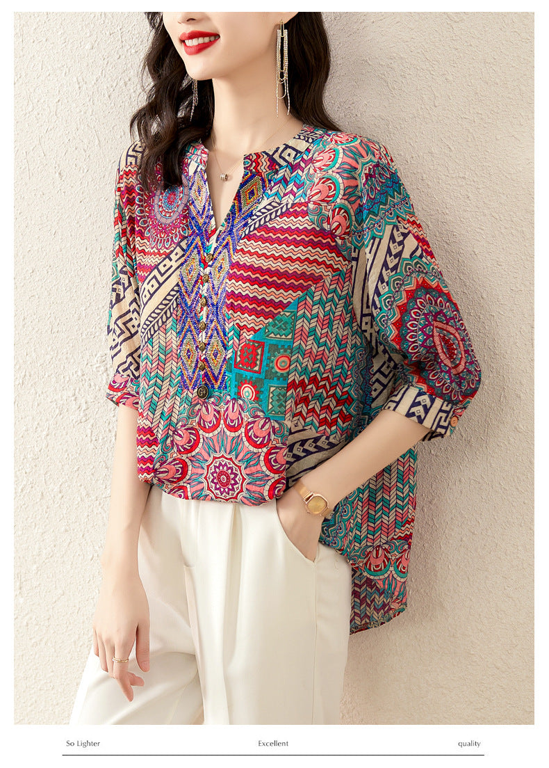 Plus Size Notch Neck Loose Ethnic Blouse
