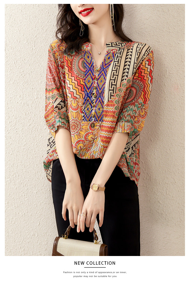 Plus Size Notch Neck Loose Ethnic Blouse