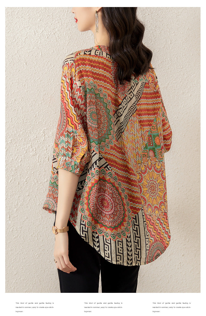 Plus Size Notch Neck Loose Ethnic Blouse