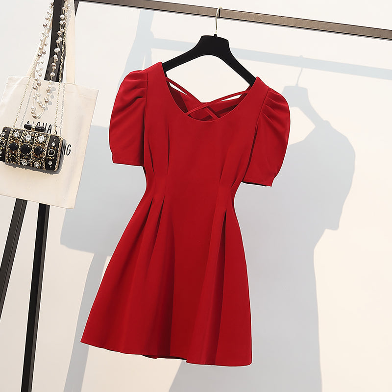 Plus size Korean red puff sleeve dress