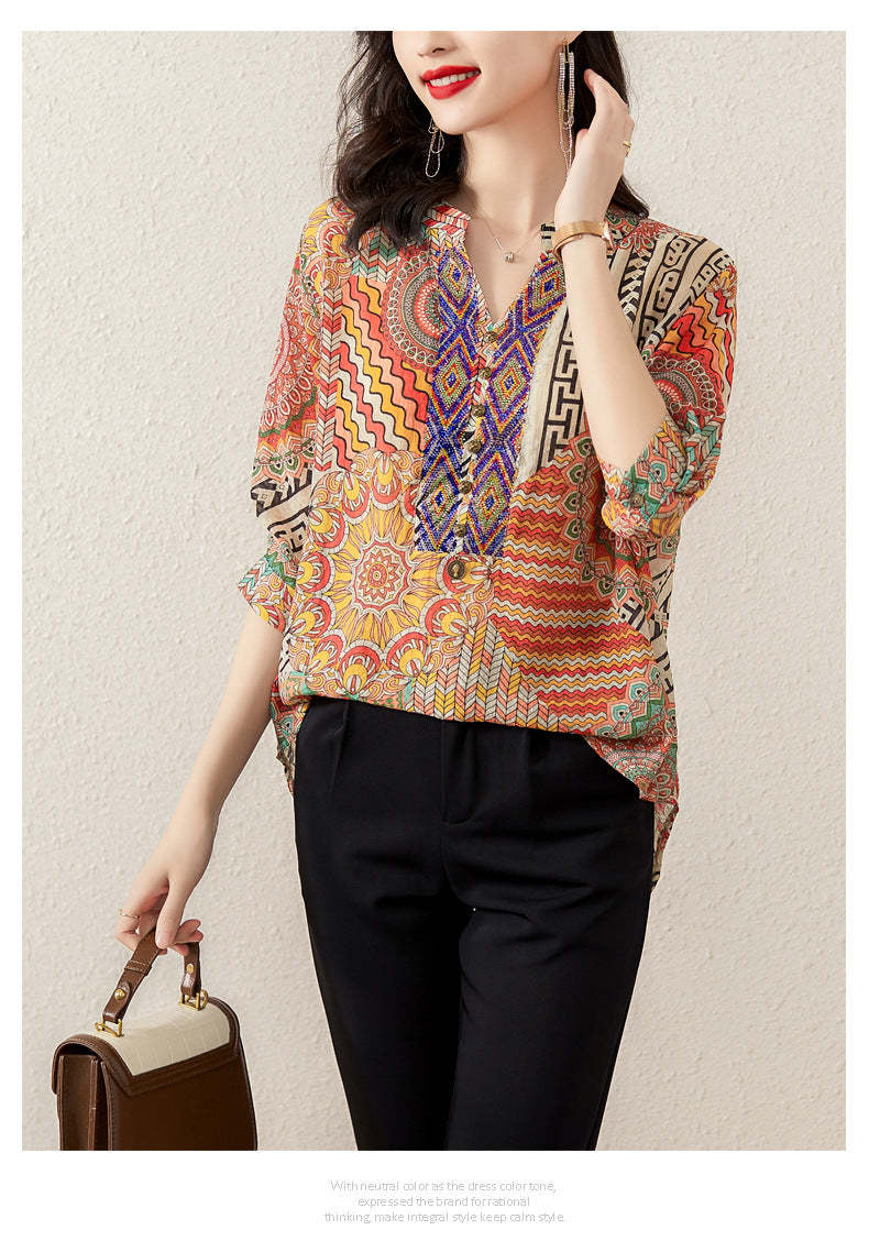 Plus Size Notch Neck Loose Ethnic Blouse