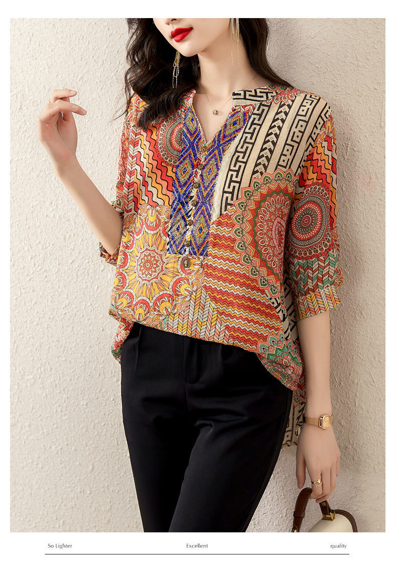 Plus Size Notch Neck Loose Ethnic Blouse