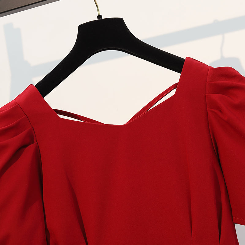 Plus size Korean red puff sleeve dress