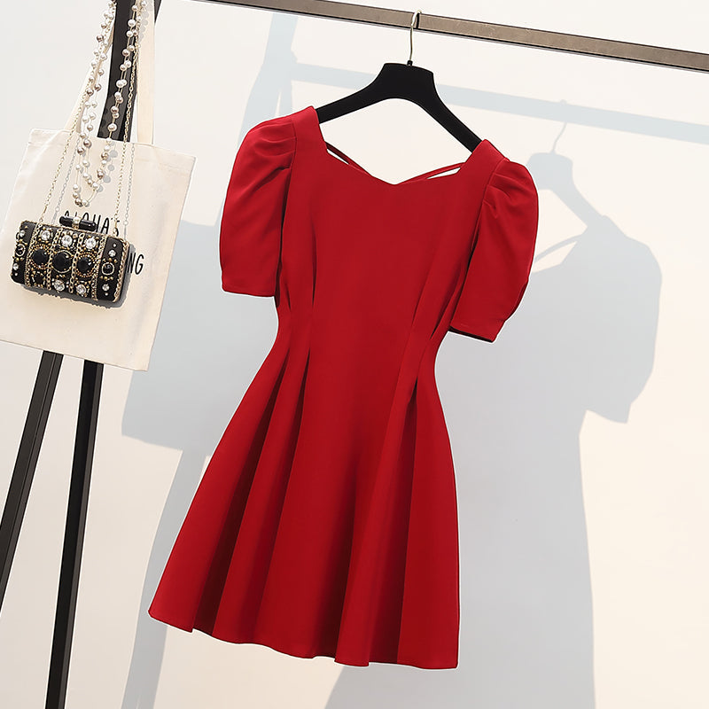 Plus size Korean red puff sleeve dress