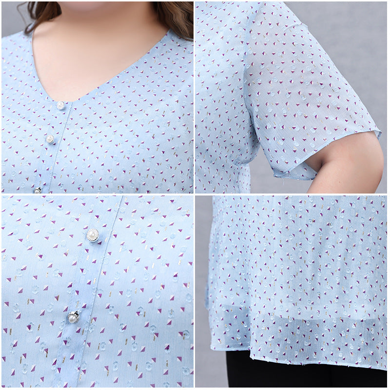 (XL-7XL) Plus Size Blue Print Pindot Chiffon V Neck Blouse (EXTRA BIG SIZE)
