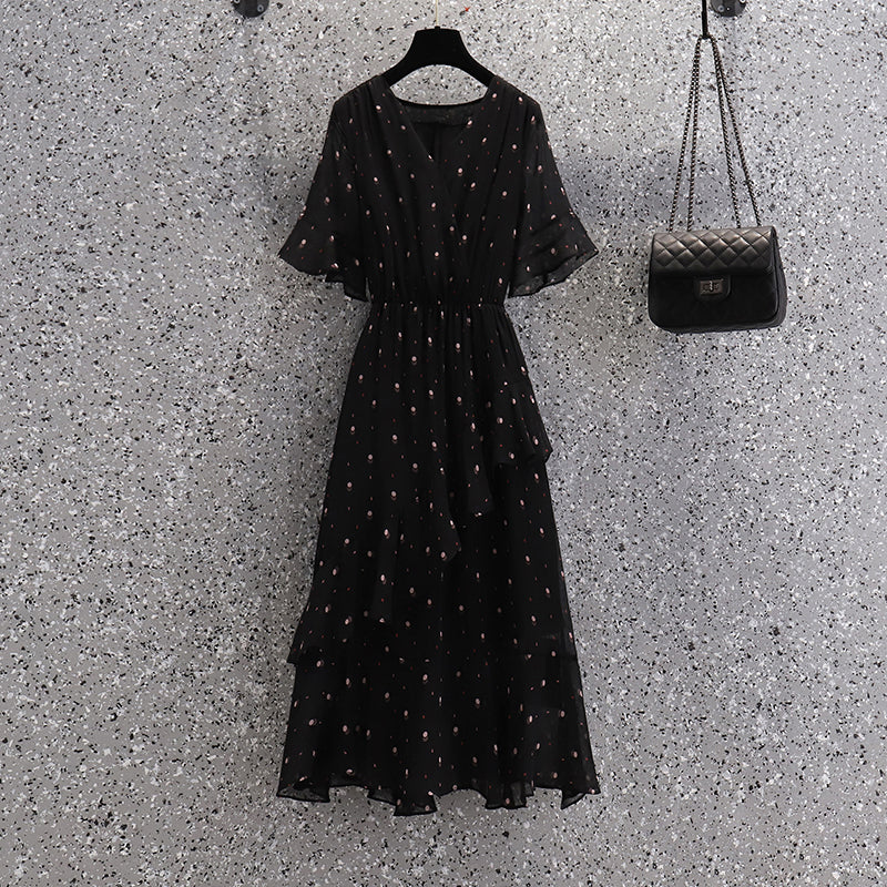 Plus Size Korean Polka Dots Tier Wrap Midi Dress