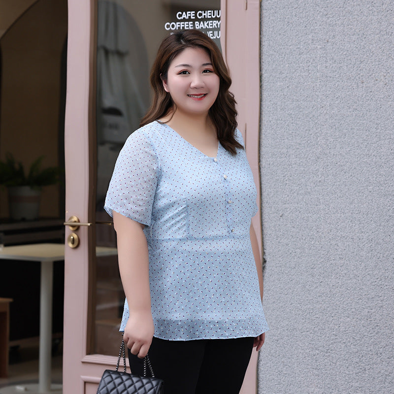 (XL-7XL) Plus Size Blue Print Pindot Chiffon V Neck Blouse (EXTRA BIG SIZE)