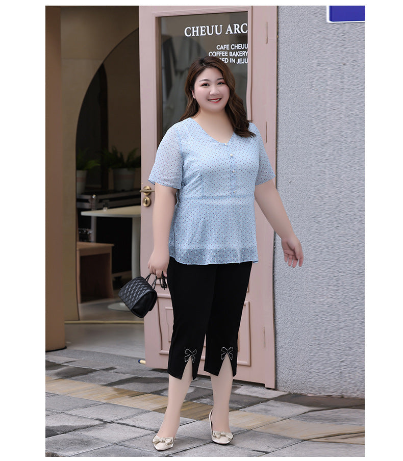 (XL-7XL) Plus Size Blue Print Pindot Chiffon V Neck Blouse (EXTRA BIG SIZE)