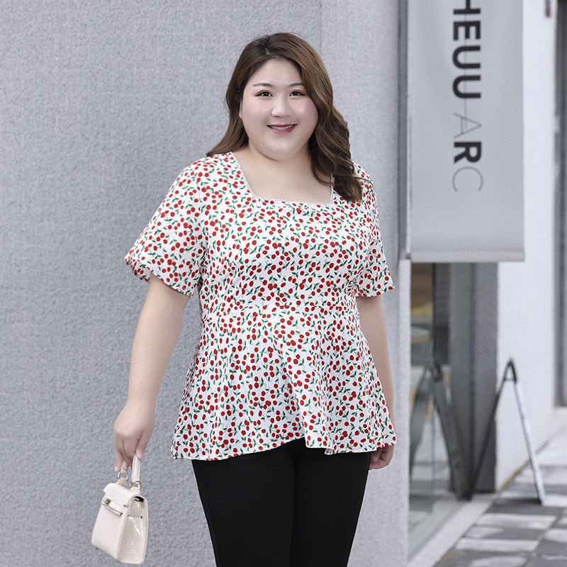 (XL-7XL) Plus Size Cherry Square Neck Blouse (EXTRA BIG SIZE)