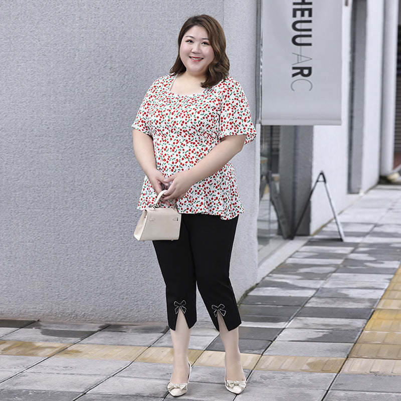 (XL-7XL) Plus Size Cherry Square Neck Blouse (EXTRA BIG SIZE)
