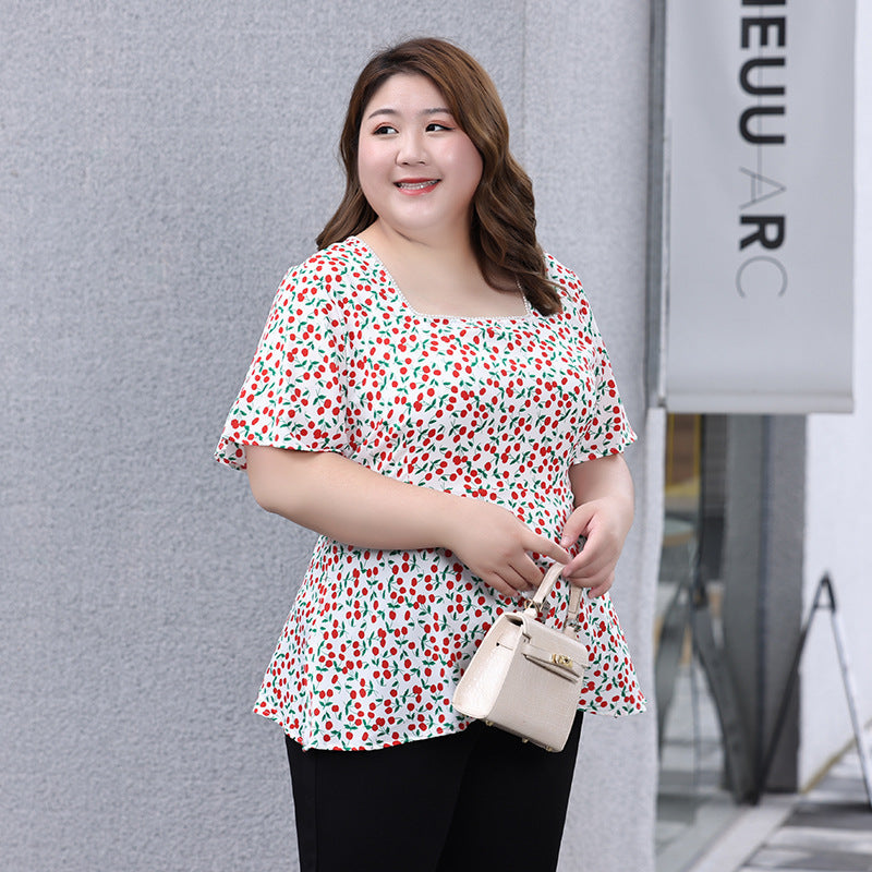 (XL-7XL) Plus Size Cherry Square Neck Blouse (EXTRA BIG SIZE)