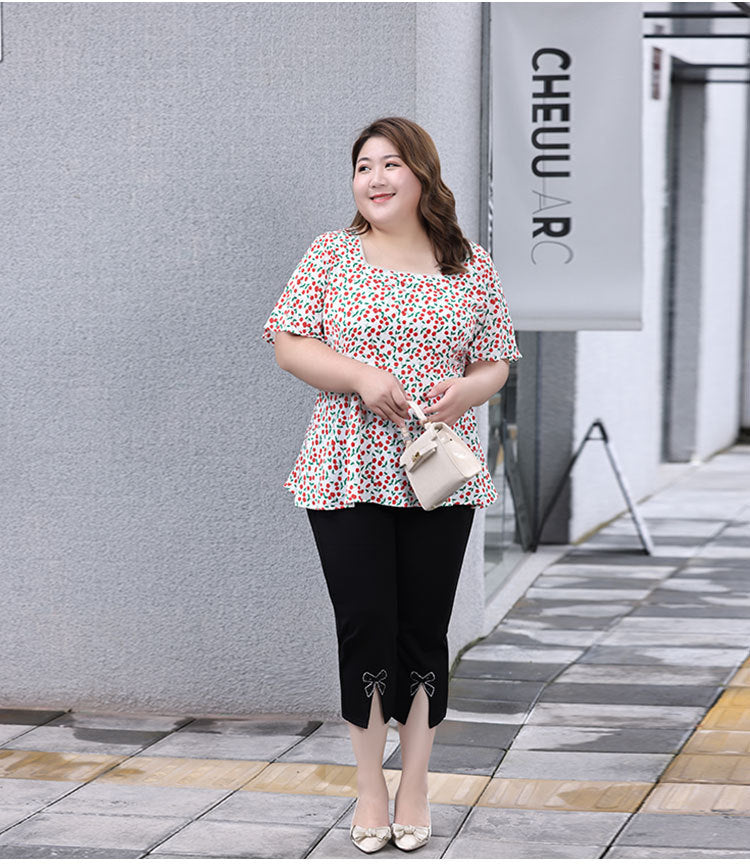 (XL-7XL) Plus Size Cherry Square Neck Blouse (EXTRA BIG SIZE)