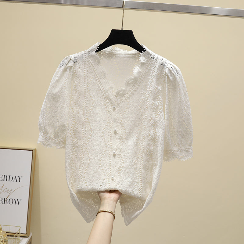 Plus Size Korean Lace V Neck Blouse