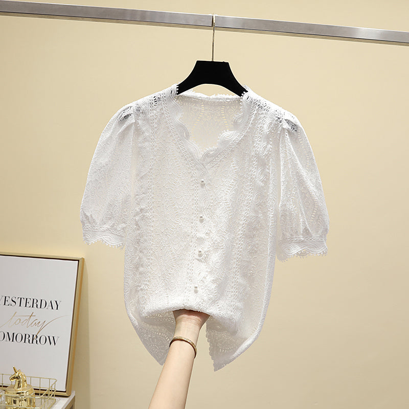 Plus Size Korean Lace V Neck Blouse