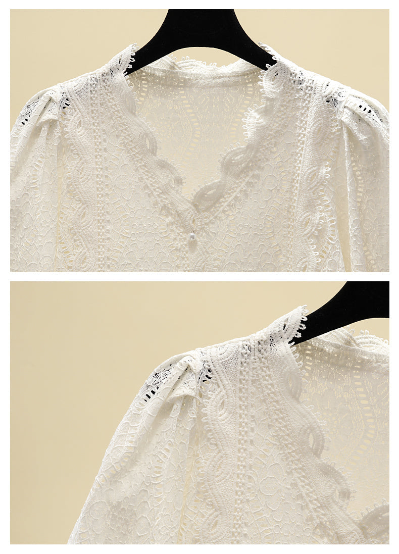Plus Size Korean Lace V Neck Blouse