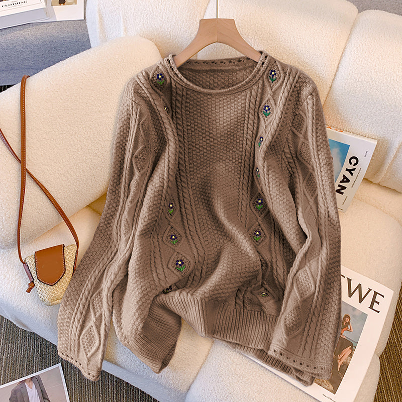 Plus Size Korean Flowers Embroidered Knit Sweater