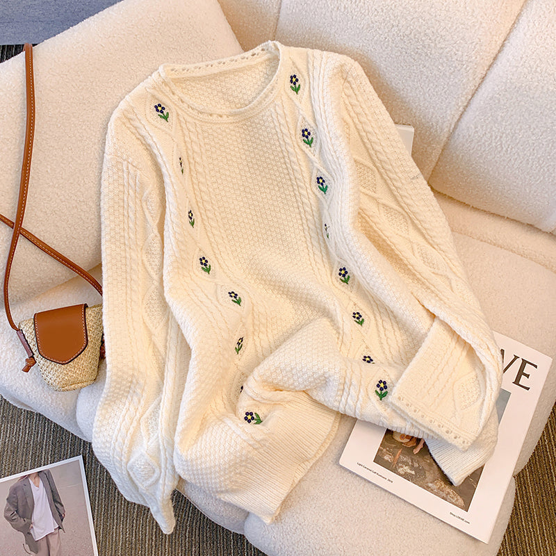 Plus Size Korean Flowers Embroidered Knit Sweater