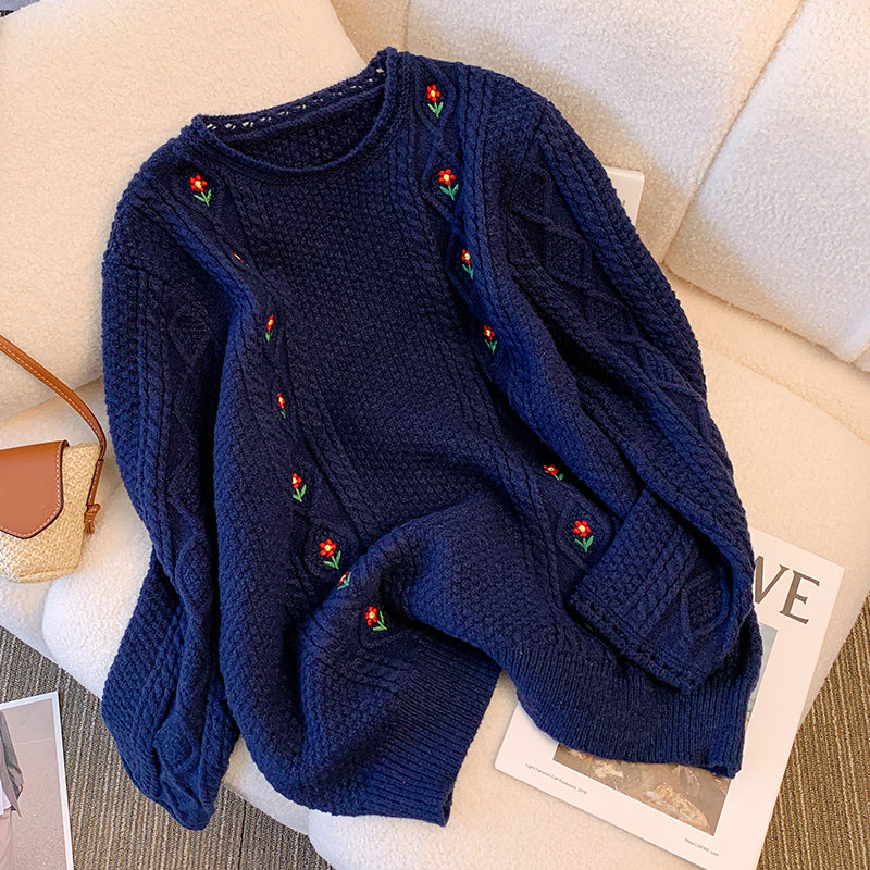 Plus Size Korean Flowers Embroidered Knit Sweater