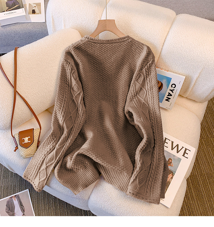 Plus Size Korean Flowers Embroidered Knit Sweater