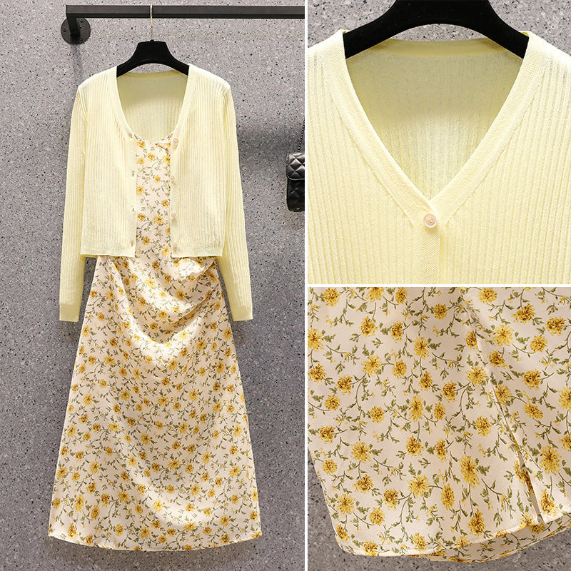 Plus size Korean ditsy floral dress and cardigan set