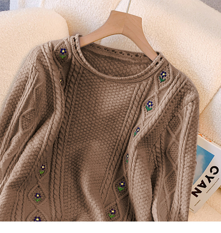 Plus Size Korean Flowers Embroidered Knit Sweater