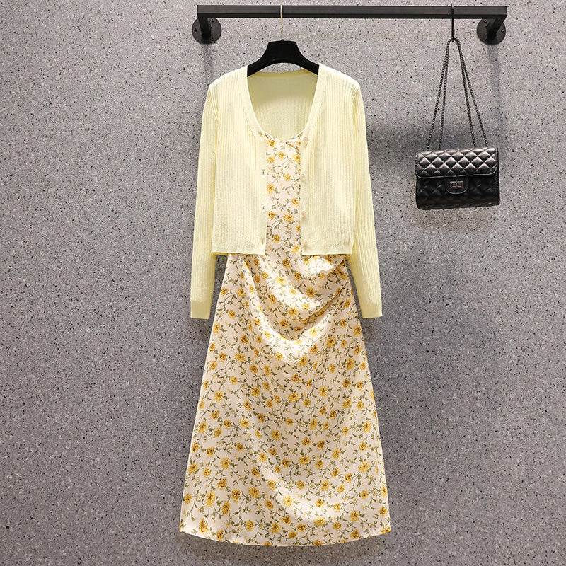 Plus size Korean ditsy floral dress and cardigan set