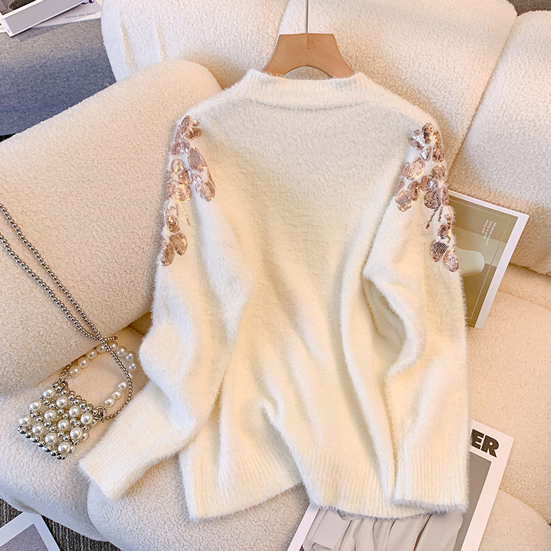 Plus Size Korean Sequin Flowers Sweater Cardigan