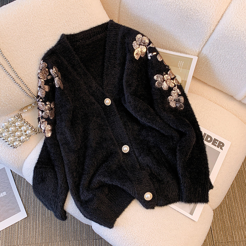 Plus Size Korean Sequin Flowers Sweater Cardigan