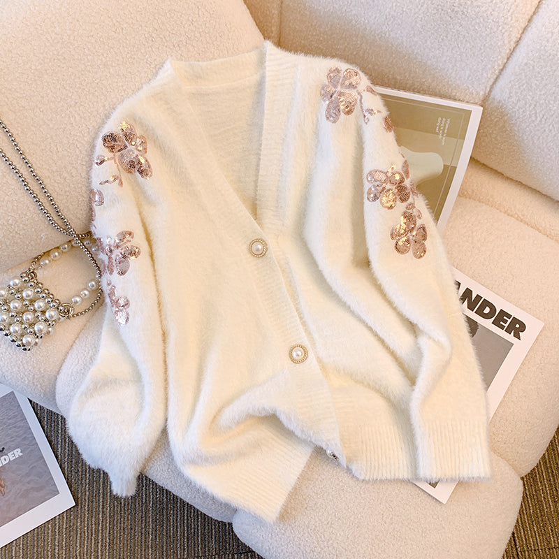 Plus Size Korean Sequin Flowers Sweater Cardigan