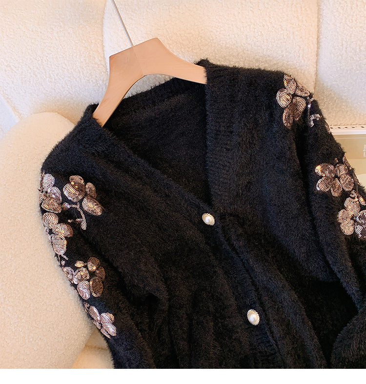 Plus Size Korean Sequin Flowers Sweater Cardigan