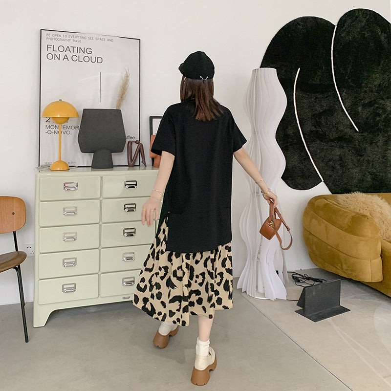 Plus Size Korean Leopard V Neck Midi T Shirt Dress