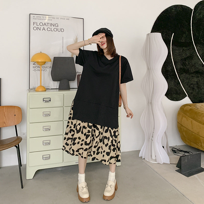 Plus Size Korean Leopard V Neck Midi T Shirt Dress