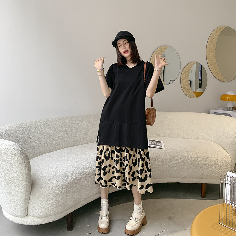 Plus Size Korean Leopard V Neck Midi T Shirt Dress